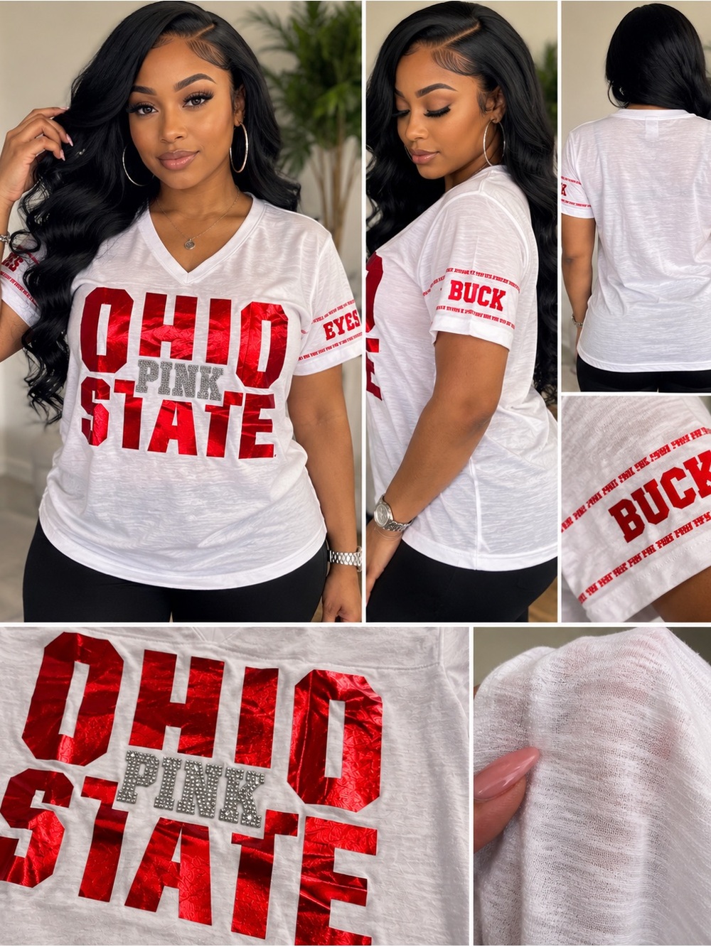 Ohio State PINK Victoria's Secret Foil Logo V-Neck Tee - White/Red